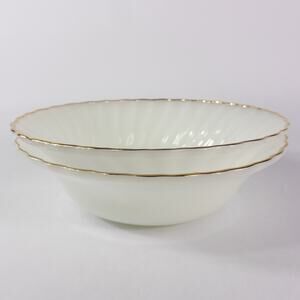 2 Vtg Anchor Hocking Fire King Swirl White Milk Glass Serving Bowl Gold Rim 8"